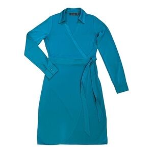 THE LIMITED, WOMENS TEAL WRAP, MIDI DRESS. LONG SLEEVE WITH BUTTON CUFF. SIZE S.